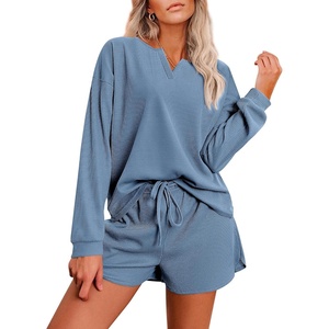 image:imageEkouaer Pajama Set for Women Waffle Knit Lounge Sets Long Sleeve Top and Shorts Sleepwear Matching Loungewear SXXLBlue