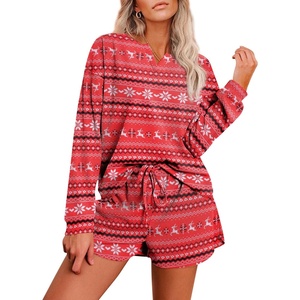 image:imageEkouaer Pajama Set for Women Waffle Knit Lounge Sets Long Sleeve Top and Shorts Sleepwear Matching Loungewear SXXLChristmas Red