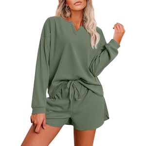 image:imageEkouaer Pajama Set for Women Waffle Knit Lounge Sets Long Sleeve Top and Shorts Sleepwear Matching Loungewear SXXLDark Green
