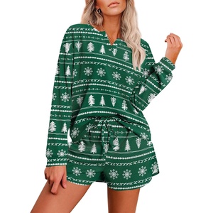 image:imageEkouaer Pajama Set for Women Waffle Knit Lounge Sets Long Sleeve Top and Shorts Sleepwear Matching Loungewear SXXLGreen Christmas Tree