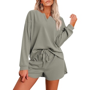 image:imageEkouaer Pajama Set for Women Waffle Knit Lounge Sets Long Sleeve Top and Shorts Sleepwear Matching Loungewear SXXLOlive Green