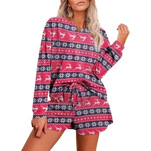 image:imageEkouaer Pajama Set for Women Waffle Knit Lounge Sets Long Sleeve Top and Shorts Sleepwear Matching Loungewear SXXLRed Christmas