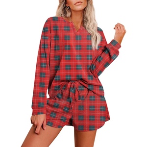 image:imageEkouaer Pajama Set for Women Waffle Knit Lounge Sets Long Sleeve Top and Shorts Sleepwear Matching Loungewear SXXLRed and Green Plaid