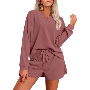 image:imageEkouaer Pajama Set for Women Waffle Knit Lounge Sets Long Sleeve Top and Shorts Sleepwear Matching Loungewear SXXLRose Red