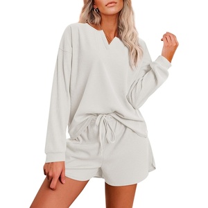 image:imageEkouaer Pajama Set for Women Waffle Knit Lounge Sets Long Sleeve Top and Shorts Sleepwear Matching Loungewear SXXLWhite