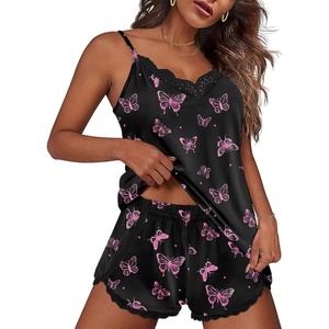 image:imageEkouaer Pajama Sets for Women Lingerie Sleepwear 2 Piece Cami Split Short Set V Neck Lace PjsBlack Bow
