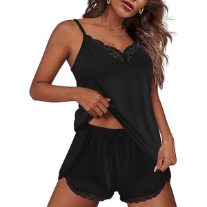 image:imageEkouaer Pajama Sets for Women Lingerie Sleepwear 2 Piece Cami Split Short Set V Neck Lace PjsBlack2