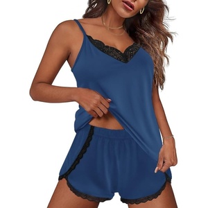 image:imageEkouaer Pajama Sets for Women Lingerie Sleepwear 2 Piece Cami Split Short Set V Neck Lace PjsBlue