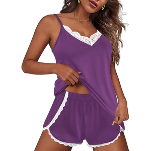 image:imageEkouaer Pajama Sets for Women Lingerie Sleepwear 2 Piece Cami Split Short Set V Neck Lace PjsDeep Purple