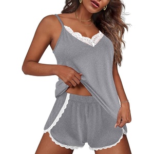 image:imageEkouaer Pajama Sets for Women Lingerie Sleepwear 2 Piece Cami Split Short Set V Neck Lace PjsGrey