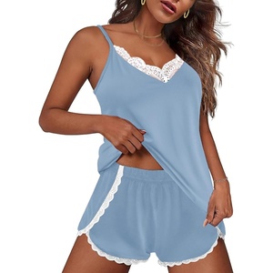image:imageEkouaer Pajama Sets for Women Lingerie Sleepwear 2 Piece Cami Split Short Set V Neck Lace PjsLight Blue