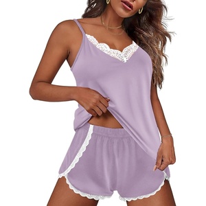 image:imageEkouaer Pajama Sets for Women Lingerie Sleepwear 2 Piece Cami Split Short Set V Neck Lace PjsLight Pruple
