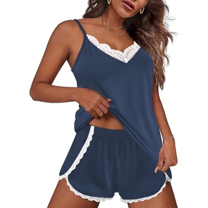image:imageEkouaer Pajama Sets for Women Lingerie Sleepwear 2 Piece Cami Split Short Set V Neck Lace PjsNavy Blue