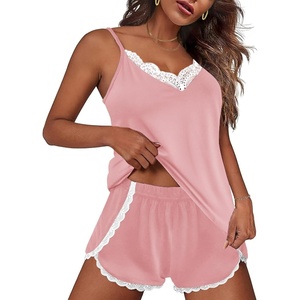 image:imageEkouaer Pajama Sets for Women Lingerie Sleepwear 2 Piece Cami Split Short Set V Neck Lace PjsPink