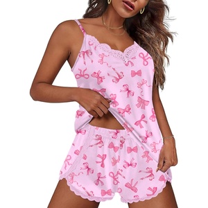 image:imageEkouaer Pajama Sets for Women Lingerie Sleepwear 2 Piece Cami Split Short Set V Neck Lace PjsPink Bow