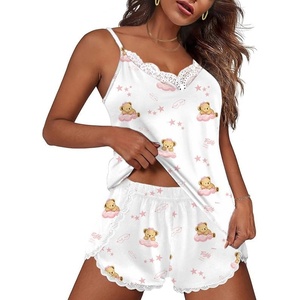 image:imageEkouaer Pajama Sets for Women Lingerie Sleepwear 2 Piece Cami Split Short Set V Neck Lace PjsTeddy Blue