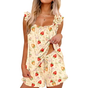 image:imageEkouaer Pajama for Women Set 2 Piece Ruffle Pjs Soft Tank Top and Shorts Sleepwear Set Bridal Pajama Set for WomenBow Strawberries