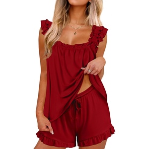 image:imageEkouaer Pajama for Women Set 2 Piece Ruffle Pjs Soft Tank Top and Shorts Sleepwear Set Bridal Pajama Set for WomenWine Red