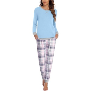 image:imageEkouaer Pajamas For Women Comfy Long Sleeve Jogger Set Lounge Pjs Set With PocketsAqua Blue Plaid