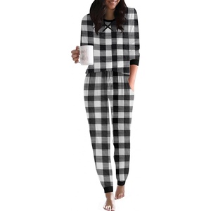 image:imageEkouaer Pajamas For Women Comfy Long Sleeve Jogger Set Lounge Pjs Set With PocketsBlack White Plaid
