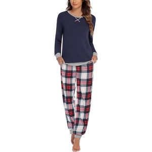 image:imageEkouaer Pajamas For Women Comfy Long Sleeve Jogger Set Lounge Pjs Set With PocketsClassic Navy Plaid