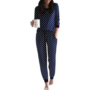 image:imageEkouaer Pajamas For Women Comfy Long Sleeve Jogger Set Lounge Pjs Set With PocketsPolka Dotsnavy Blue