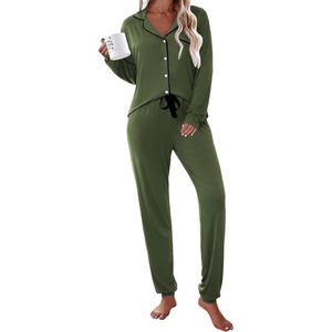 image:imageEkouaer Pajamas Set Long Sleeve Sleepwear Womens Button Down Nightwear Soft Pj Loungewear with PocketsArmy Green