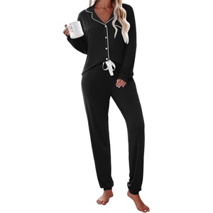 image:imageEkouaer Pajamas Set Long Sleeve Sleepwear Womens Button Down Nightwear Soft Pj Loungewear with PocketsBlack