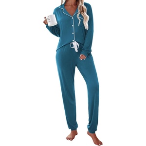 image:imageEkouaer Pajamas Set Long Sleeve Sleepwear Womens Button Down Nightwear Soft Pj Loungewear with PocketsBlue Green