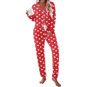 image:imageEkouaer Pajamas Set Long Sleeve Sleepwear Womens Button Down Nightwear Soft Pj Loungewear with PocketsChristmas Red With Santa Pattern
