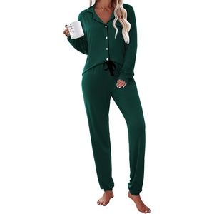 image:imageEkouaer Pajamas Set Long Sleeve Sleepwear Womens Button Down Nightwear Soft Pj Loungewear with PocketsDark Green