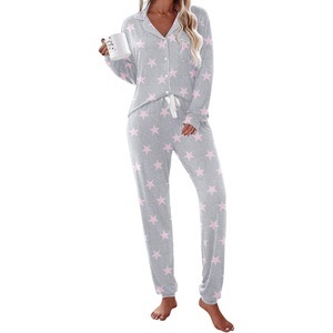 image:imageEkouaer Pajamas Set Long Sleeve Sleepwear Womens Button Down Nightwear Soft Pj Loungewear with PocketsLight Gray With Pink Stars