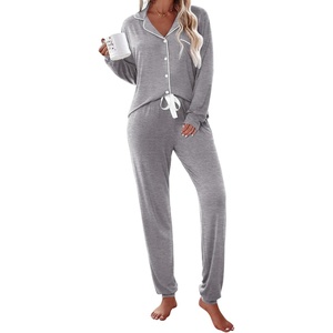 image:imageEkouaer Pajamas Set Long Sleeve Sleepwear Womens Button Down Nightwear Soft Pj Loungewear with PocketsLight Grey
