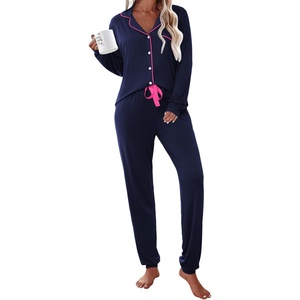 image:imageEkouaer Pajamas Set Long Sleeve Sleepwear Womens Button Down Nightwear Soft Pj Loungewear with PocketsNavy