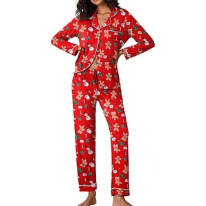 image:imageEkouaer Pajamas Womens Long Sleeve Sleepwear Soft Button Down Loungewear Pjs Lounge Set Nightwear XSXXLChristmas Red With Gingerbread Man