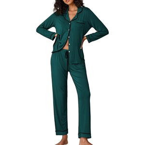 image:imageEkouaer Pajamas Womens Long Sleeve Sleepwear Soft Button Down Loungewear Pjs Lounge Set Nightwear XSXXLDark Green