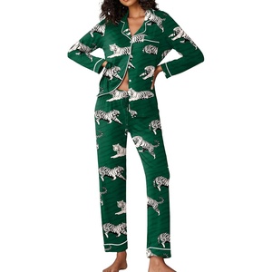 image:imageEkouaer Pajamas Womens Long Sleeve Sleepwear Soft Button Down Loungewear Pjs Lounge Set Nightwear XSXXLDark Greentiger