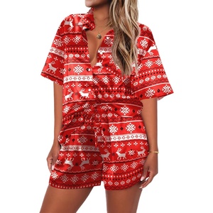 image:imageEkouaer Pajamas for Women Silk Satin Pjs Soft Sleepwear Short Sleeve Button Down Pjs Top and Shorts 2 Piece Lounge Set SXXLChristmas Red