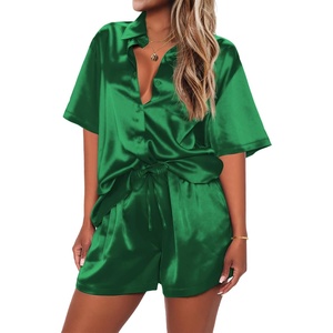 image:imageEkouaer Pajamas for Women Silk Satin Pjs Soft Sleepwear Short Sleeve Button Down Pjs Top and Shorts 2 Piece Lounge Set SXXLDark Green