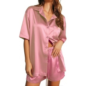 image:imageEkouaer Pajamas for Women Silk Satin Pjs Soft Sleepwear Short Sleeve Button Down Pjs Top and Shorts 2 Piece Lounge Set SXXLDark Pink