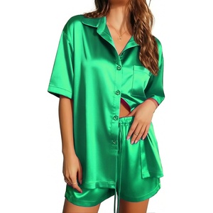image:imageEkouaer Pajamas for Women Silk Satin Pjs Soft Sleepwear Short Sleeve Button Down Pjs Top and Shorts 2 Piece Lounge Set SXXLGreen
