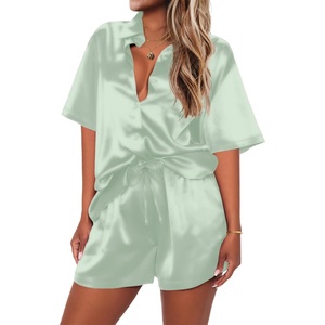 image:imageEkouaer Pajamas for Women Silk Satin Pjs Soft Sleepwear Short Sleeve Button Down Pjs Top and Shorts 2 Piece Lounge Set SXXLLight Green