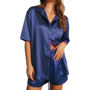 image:imageEkouaer Pajamas for Women Silk Satin Pjs Soft Sleepwear Short Sleeve Button Down Pjs Top and Shorts 2 Piece Lounge Set SXXLNavy