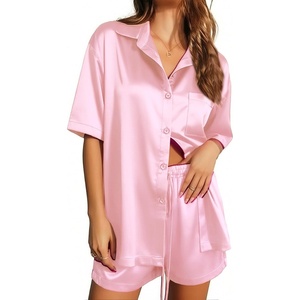 image:imageEkouaer Pajamas for Women Silk Satin Pjs Soft Sleepwear Short Sleeve Button Down Pjs Top and Shorts 2 Piece Lounge Set SXXLPink