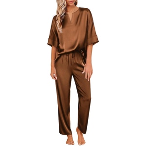 image:imageEkouaer Satin Pajama Set Womens Silk Short Sleeve V Neck Shirt with Long Pant Soft Loungewear Pjs SetBrown