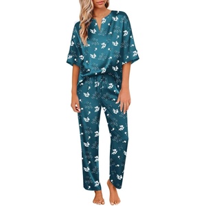 image:imageEkouaer Satin Pajama Set Womens Silk Short Sleeve V Neck Shirt with Long Pant Soft Loungewear Pjs SetFloral BlueGreen