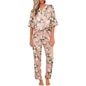 image:imageEkouaer Satin Pajama Set Womens Silk Short Sleeve V Neck Shirt with Long Pant Soft Loungewear Pjs SetFloral Pink