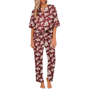 image:imageEkouaer Satin Pajama Set Womens Silk Short Sleeve V Neck Shirt with Long Pant Soft Loungewear Pjs SetFloral Wine Red