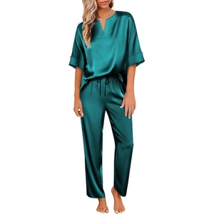 image:imageEkouaer Satin Pajama Set Womens Silk Short Sleeve V Neck Shirt with Long Pant Soft Loungewear Pjs SetGreen