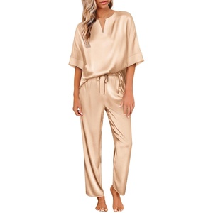 image:imageEkouaer Satin Pajama Set Womens Silk Short Sleeve V Neck Shirt with Long Pant Soft Loungewear Pjs SetKhaki